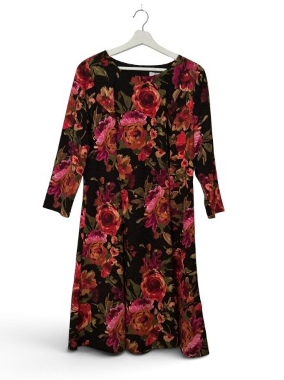 London Times Black Floral 3/4-Sleeve A-Line Dress with Pink and Red-Orange Roses